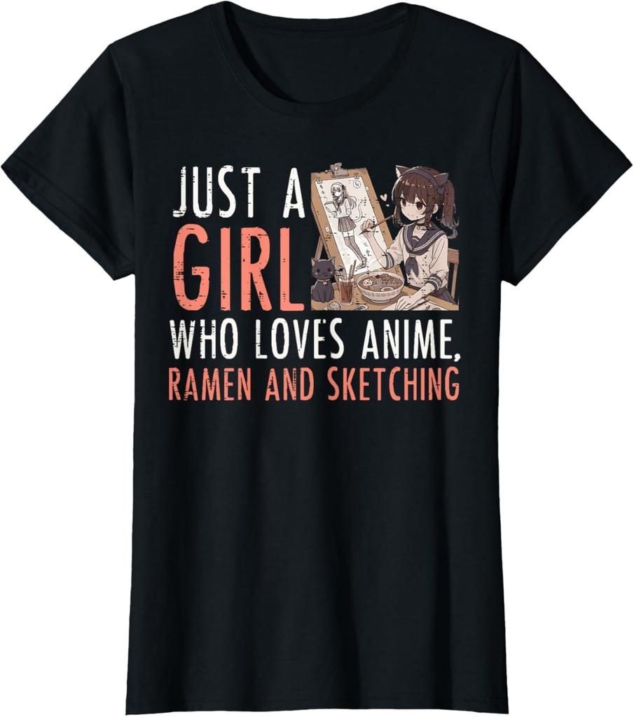 Anime Ramen Sketching Girl Graphic Tee Kawaii Drawing Lover Casual TShirt for Women