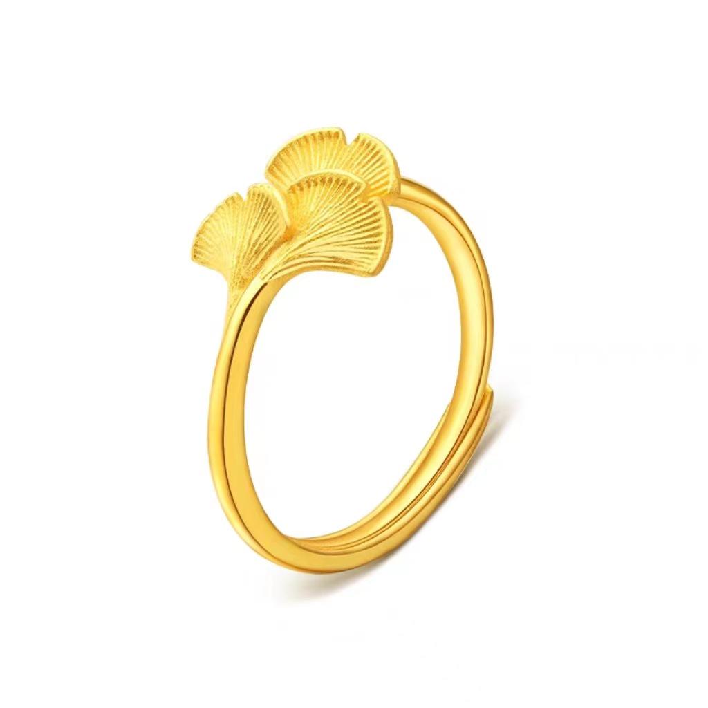 Vietnam Sand Gold Ginkgo Leaf Jewelry Set: Necklace, Bracelet, Ring - Women's Elegant Copper Gold-Plated Design