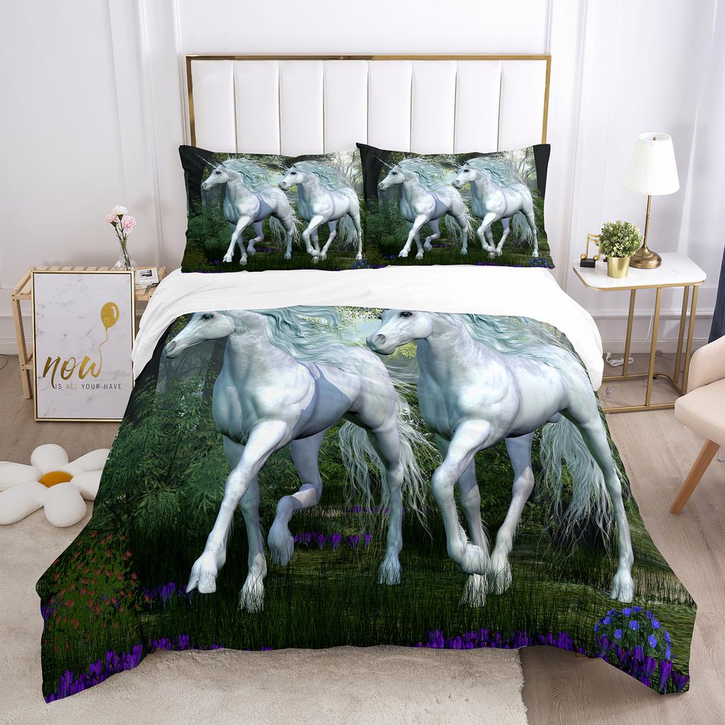 Einhorn-Bettbezug-Set, weißes Pferd mit Flügel, 3D-Druck, Kingsize, Polyester, Bettbezug für Kinder, Bettwäsche-Set mit Kissenbezug