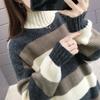 Women's Oversized Striped Sweater Mock Neck Color Block Knit Midi Dress