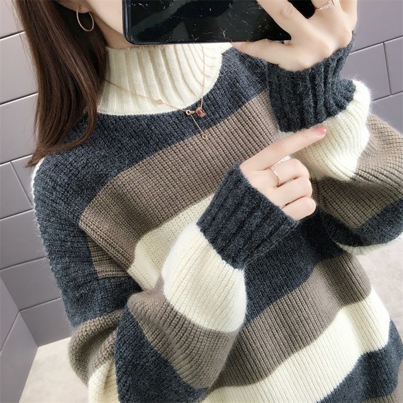 Women's Oversized Striped Sweater Mock Neck Color Block Knit Midi Dress