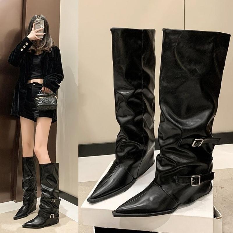 

Модные брючные сапоги на массивном каблуке, женские европейские и американские сапоги с высоким острым носком для горячих девушек, черные сапоги-чулки 42 чёрный