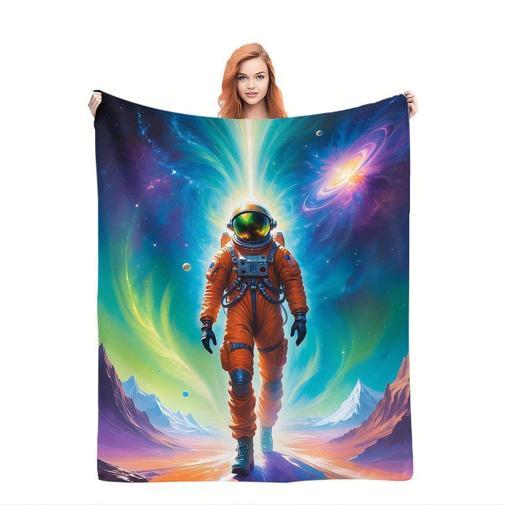 1pc Astronaut in Space Throw Blanket - Soft Flannel All-Season Cozy Bedspread with Astronaut Walking Towards Camera, Galaxy Nebu