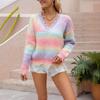 Autumn and Winter Pullover V-neck New Sweater Loose Cut Fringed Large Size Rainbow Sweater