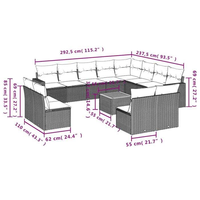 VidaXL Salon de Jardin avec Coussins 13 pcs, Canapés de Patio, Ensemble de Meubles, Mobilier de Terrasse Exterieur, Gris 3256705