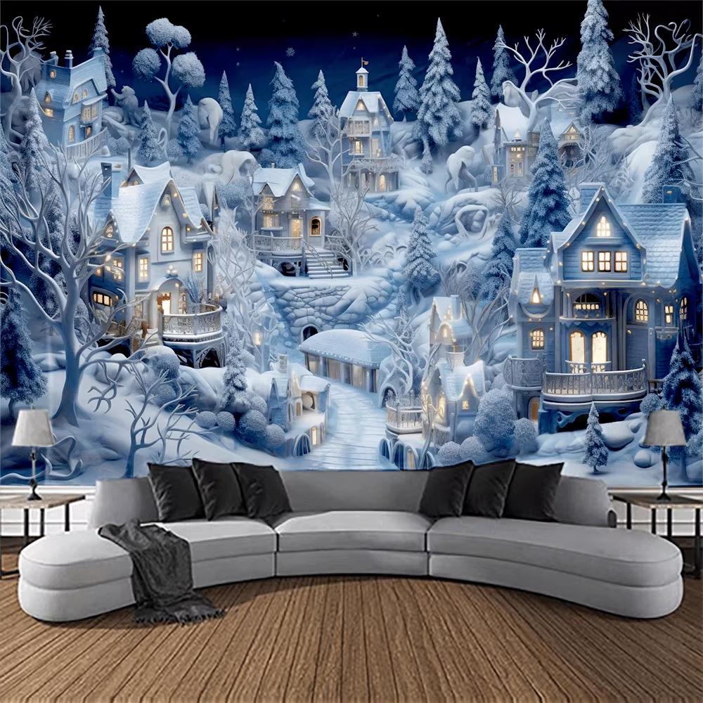 Winter Wonderland Snowy Town Tapestry Home Decoration Magical Christmas Scene Wall Hanging Living Room/Bedroom Backdrop Cloth