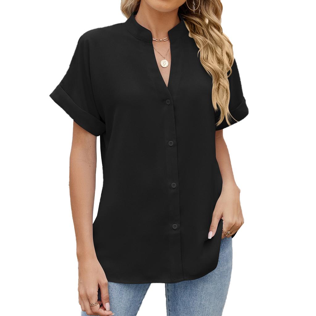 Sommer Neue Einfarbig V-ausschnitt Lose Kurzarm Button-Down Chiffon Hemd