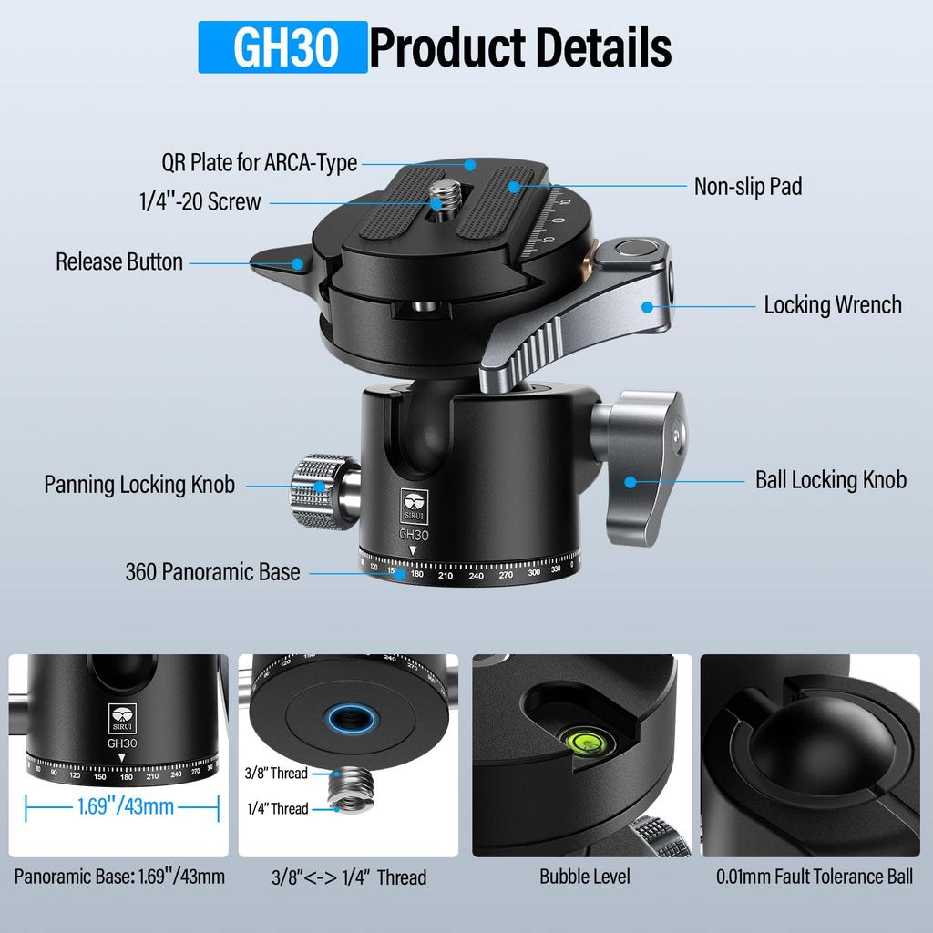 SIRUI Quick Release System Tripod Panoramic Metal Camera Ball Head Mount with and Screw Holes for and Max Load GH30 Low-Center-of-Gravity Low-Profile