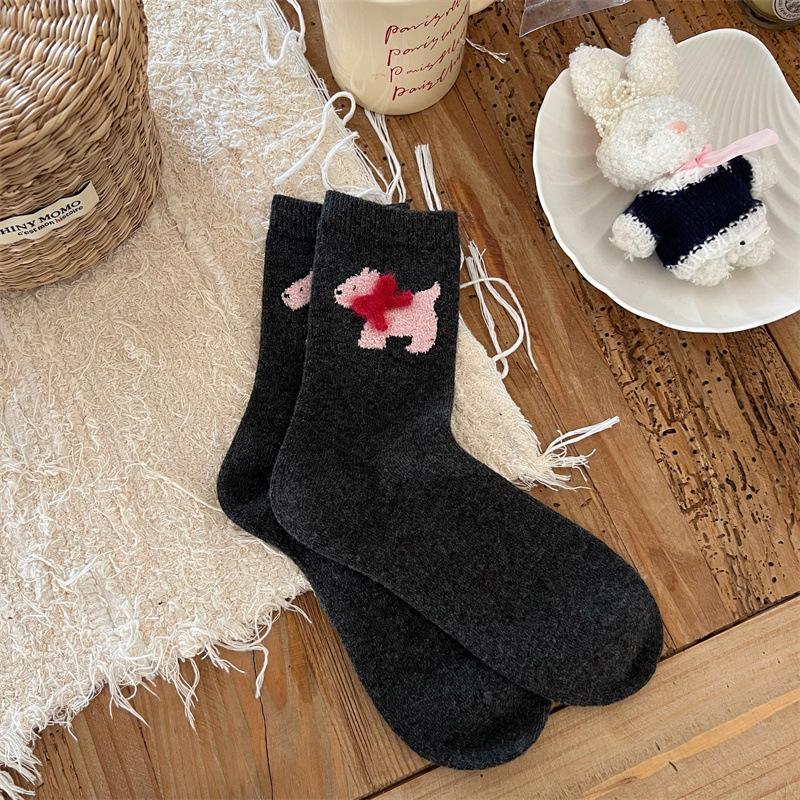 Winter Socks Cartoon Puppy Bow Wool Socks Cute Warm Socks Stacked Socks