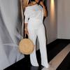 Women's Autumn Fashion Solid Slant Neck Top with Wide Leg Pants Set
