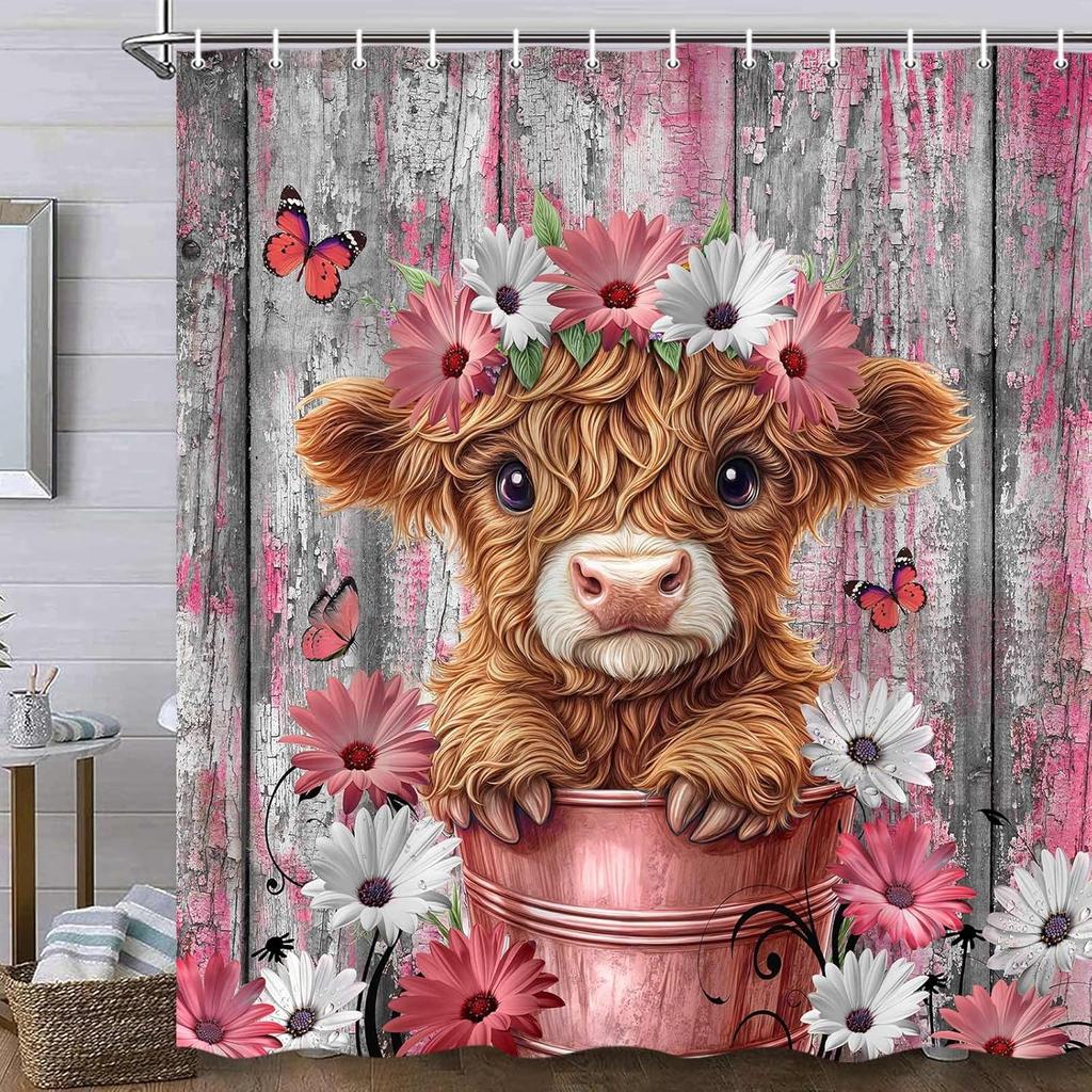 Funny Highland Cow Shower Curtain for Bathroom Decor, Teal Farm Teal Daisy Floral Flowers and Butterfly On Country Wooden