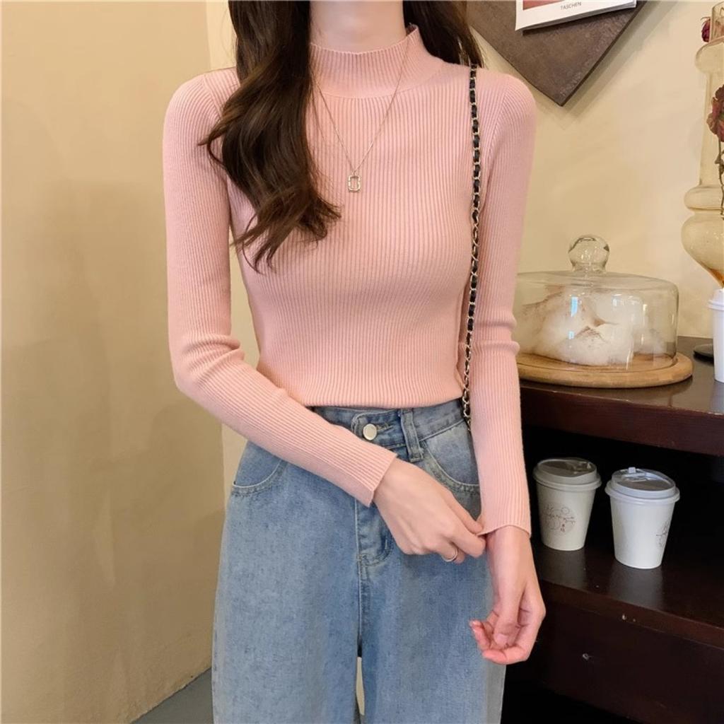 Spring and Autumn Winter Long Sleeve Sweater Women's Interior Tailored Bottom Shirt Half High Collar Korean Edition Knitted Shirt Women's Top