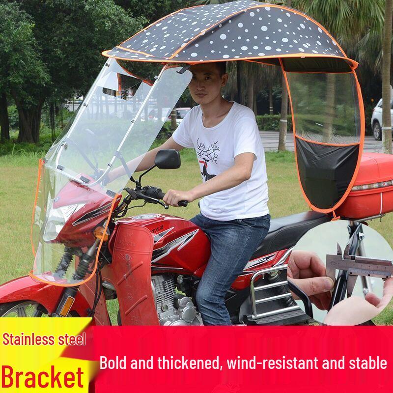 Collapsible Windproof Sunshade for Electric Car & Motorcycle: Umbrella Footrest Feature, Detachable Canopy, Battery-Powered, UV Protection.