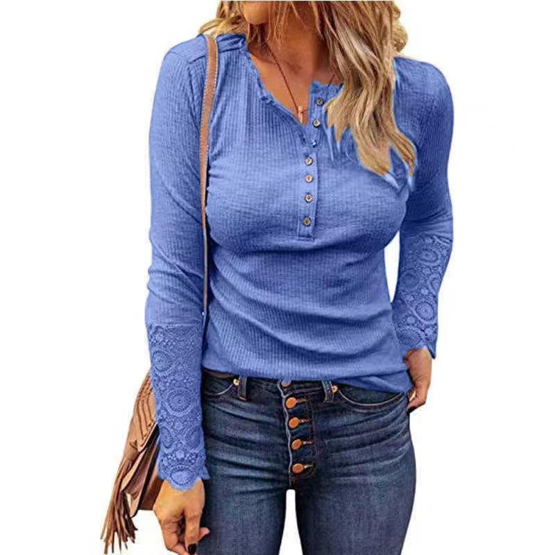 Women's Fashion Patchwork Lace Loose Solid Long Sleeve T-shirt