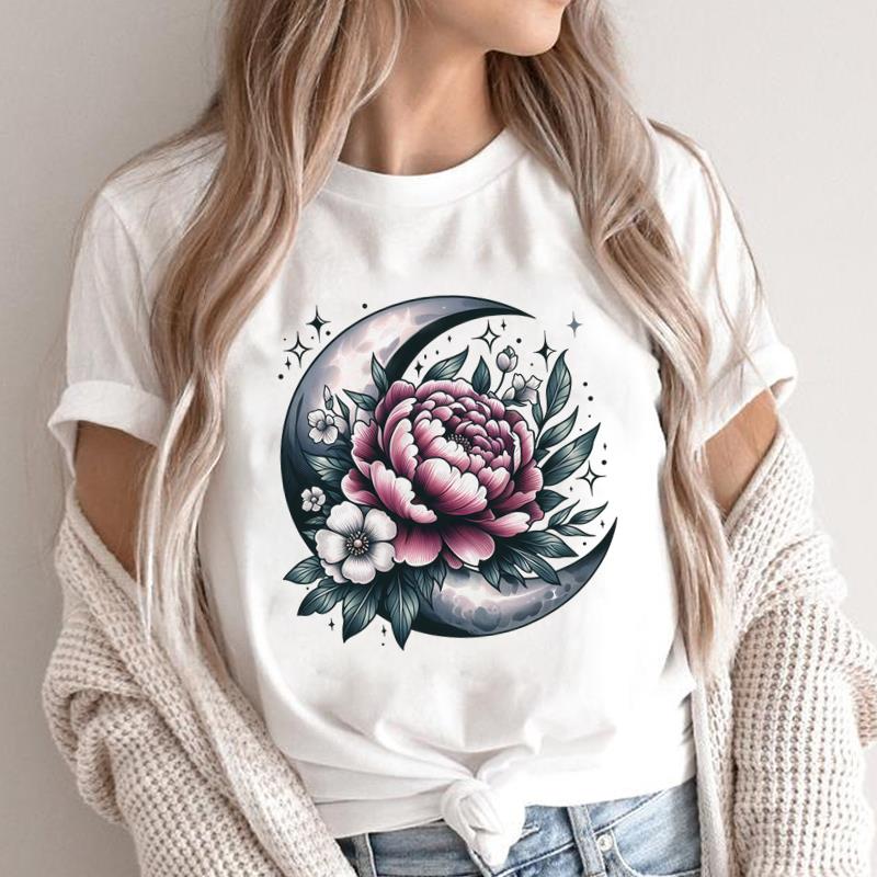 (Asian Size) lovely flower style 90s O-neck Short Sleeve T-shirts Print Casual Top T Graphic Tee Fashion Female Women's Clothing