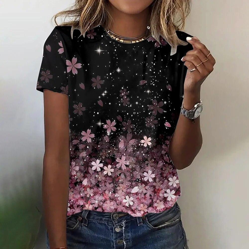 Summer butterfly 3D printed T-shirt for women, fashionable and casual round neck short sleeved shirt