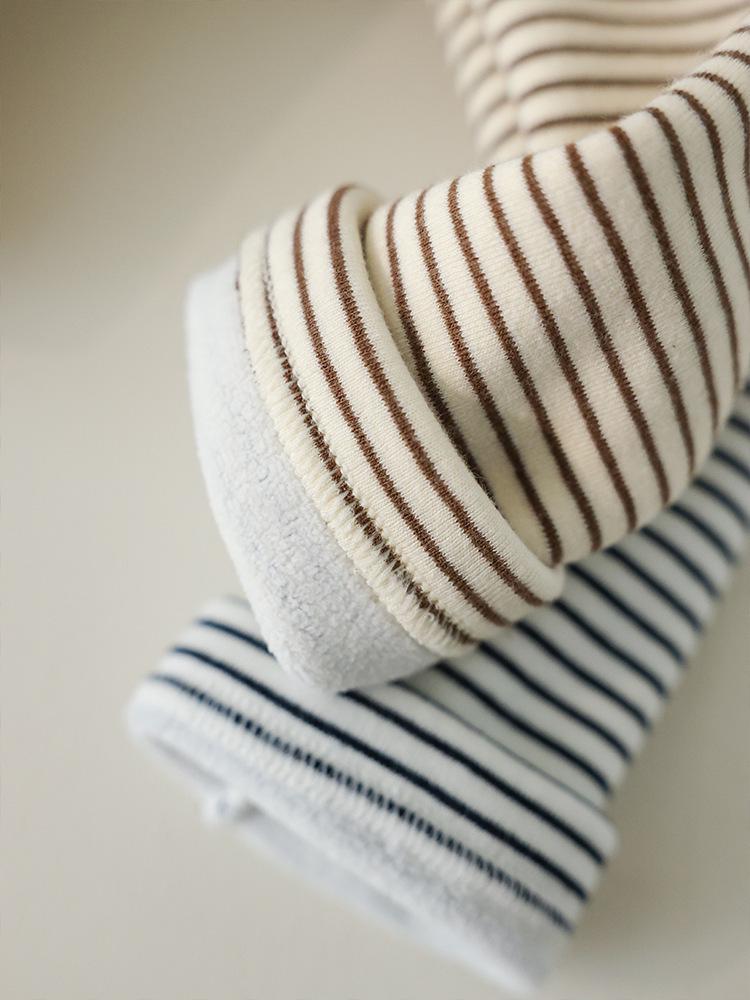 Kids' Winter Striped Velvet-Enhanced Thick Warm High-Collar Long-Sleeve T-Shirt