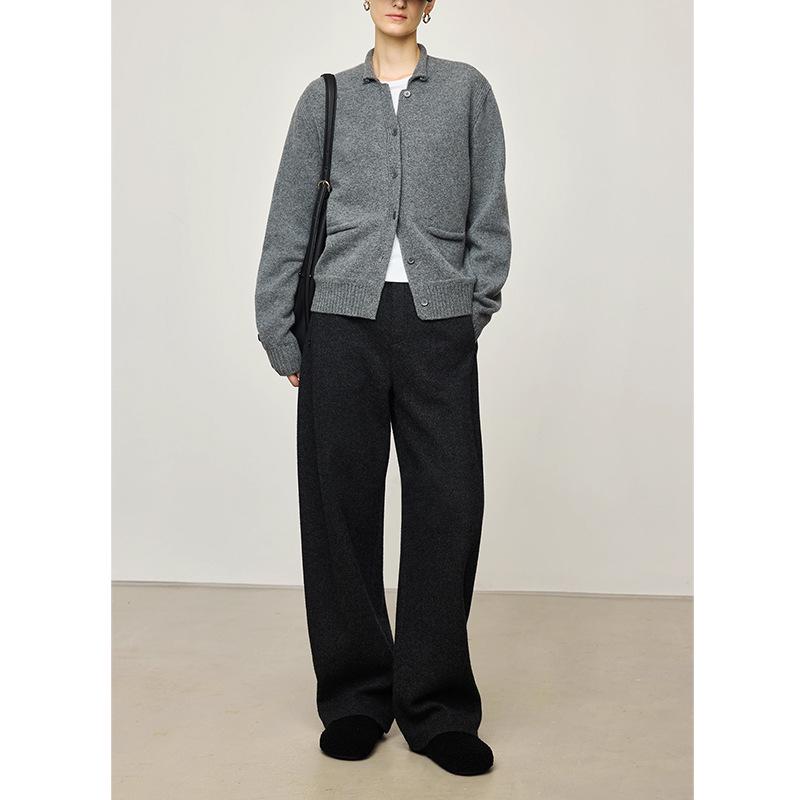 Women's Elegant Wool-Blend Dark Grey High-Waisted Loose Straight-Leg Trousers, 2025 Autumn/Winter Collection