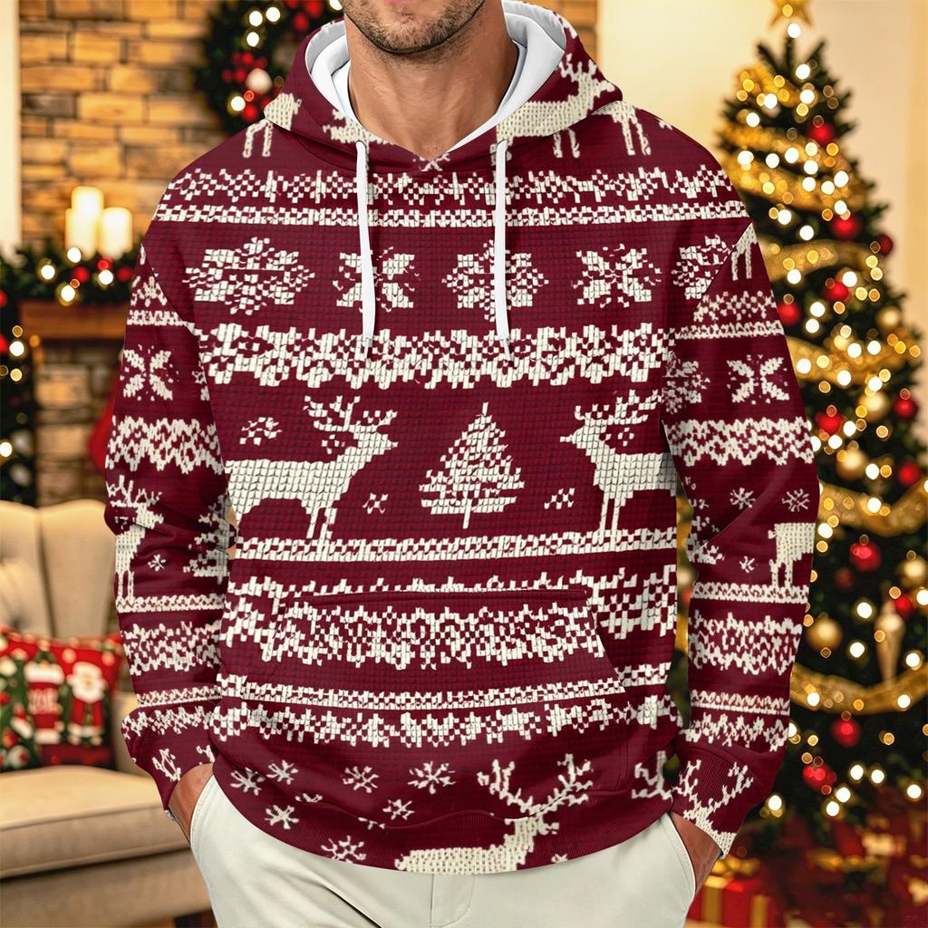 Men's Long Sleeve Christmas Print Pullover Hoodie for Holiday Party and Everyday Wear