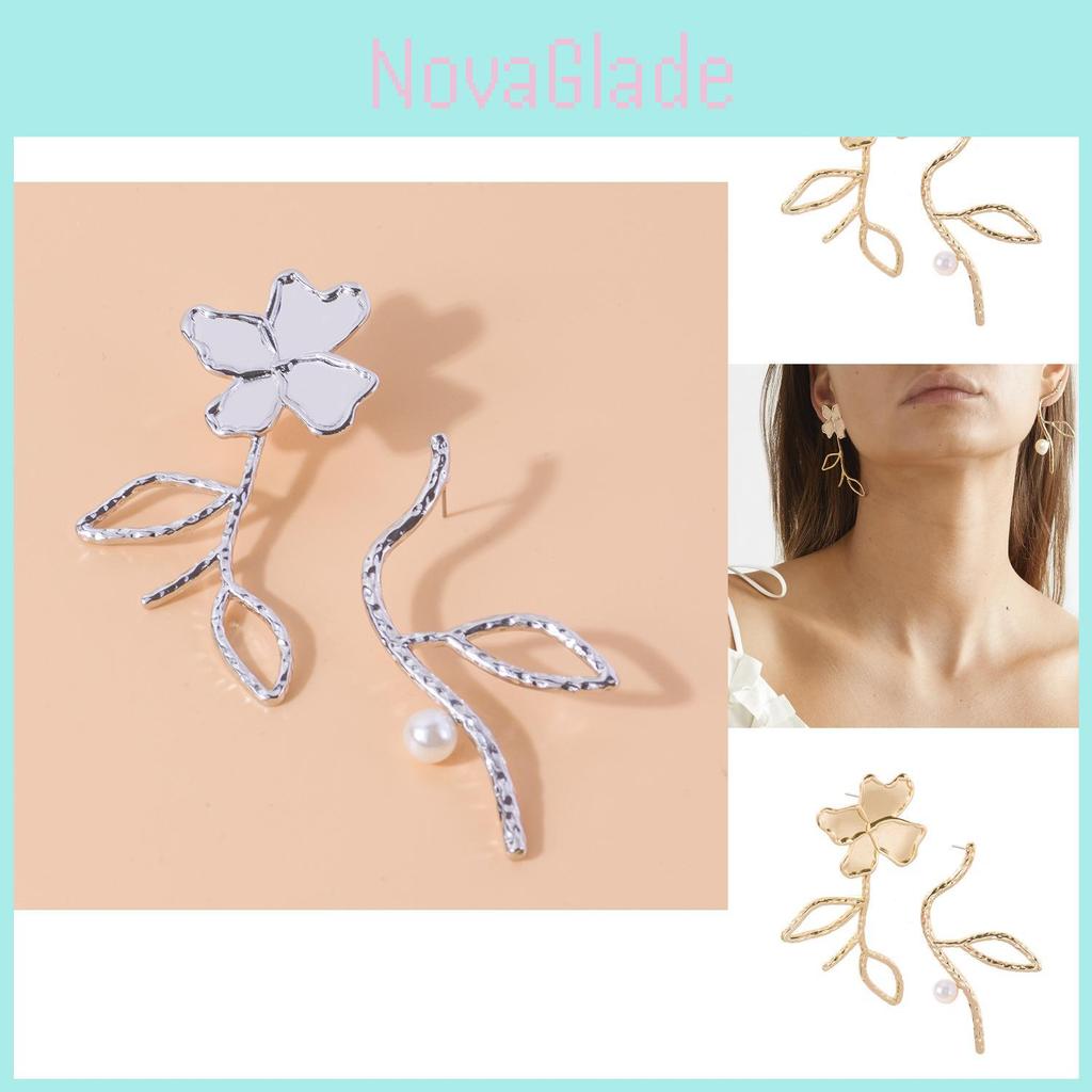 Elegante Asymmetrische Legierung Blume Perlen Ohrringe Mode Pendler Stil