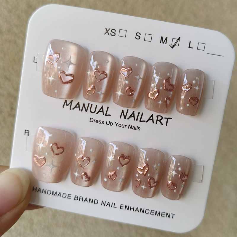 10 Pcs French Chic Handmade Press On Nails 3D Cat Eye Heart Bow Star Cute Detachable Fake Nails