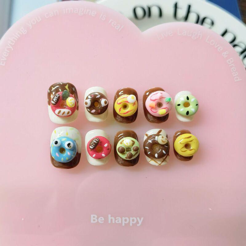 Short Press-On Nails With Hand-Painted Cute Cartoon Designs Donut Style Wearable Nail Tips Women