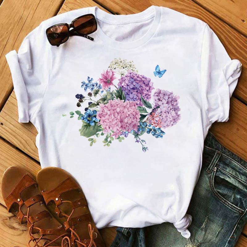 Women Flower Butterfly Fashion Print T Shirt Casual Short Sleeve Ladies T Tee Female Top Shirt Clothes Womens Graphic T-shirt