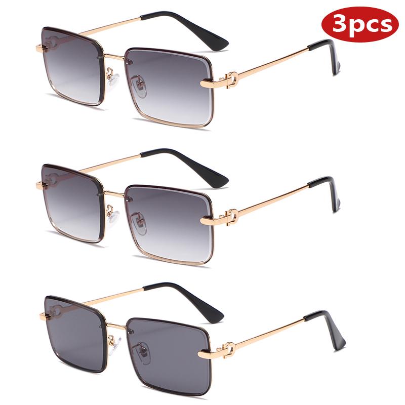 3Pcs Sets Frameless Small Rectangle Sunglasses Women Metal Frame Driving Sun Glasses Men Anti Uv Gradient Eyewear Uv400
