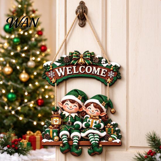 Festive Room Decoration for Holiday Wooden Christmas Welcome Sign, Front Door Hanging Rustic Gift Friends And Family Wall Decor with Elk/Santa