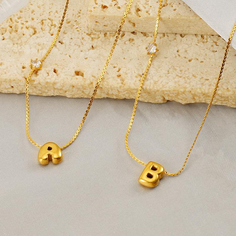 New fashionable cubic zirconia-studded chubby design26Letter pendant necklace, titanium steel, versatile and stylish for women