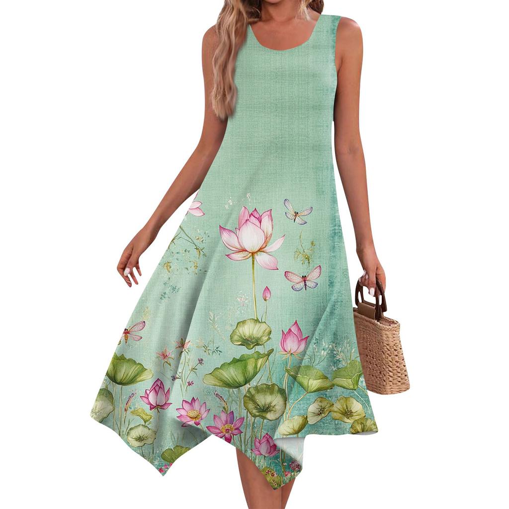 Women's Casual Fashion Round Neck Sleeveless Print Irregular Hem Midi Dress Hem Midi Dress
