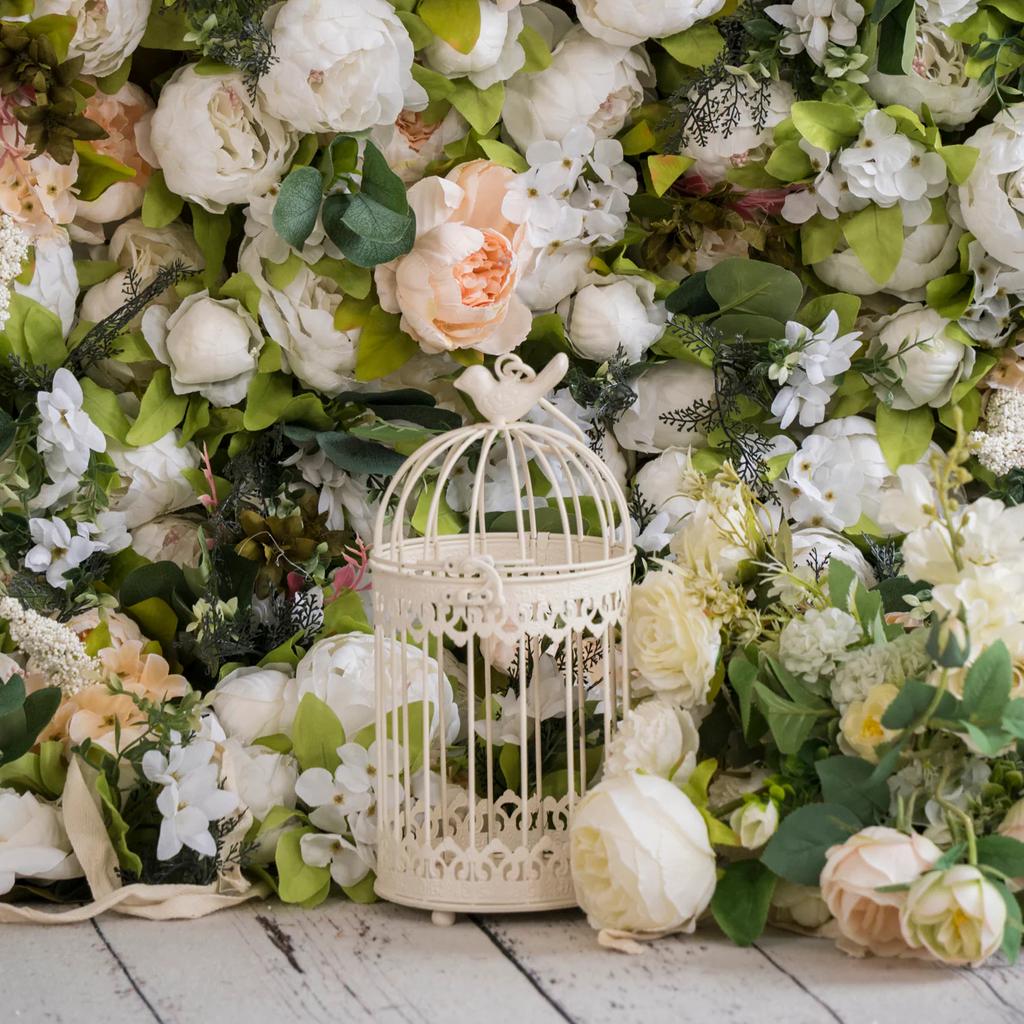 Uflower White Champagne Peony Flower Wall Wedding Backdrop Light Hanging Fabric Curtain Floral Decorative Wall Props for Events