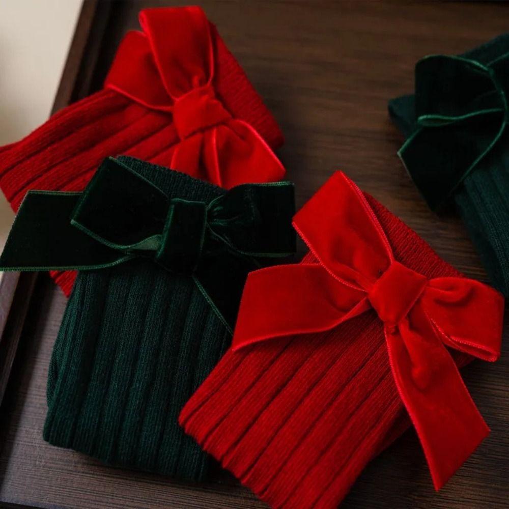 Cotton Baby Knee High Long Sock Sweet Bow Middle Tube Socks New Kids Red Socks  Christmas Gifts