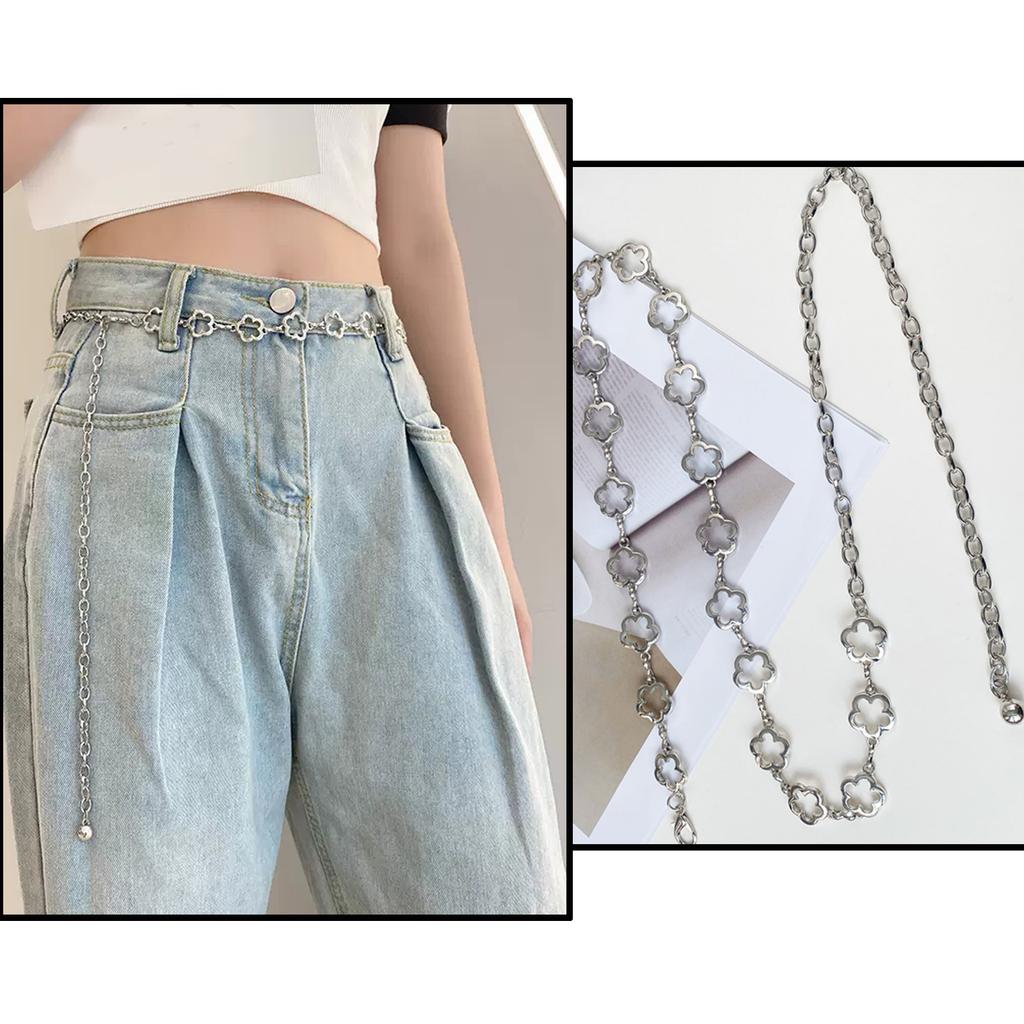 Women Metal Waist Chain, Heart & Flower Hollow Chain Belt, Adjustable Alloy Waistband with Ball Pendant for Dress Jeans