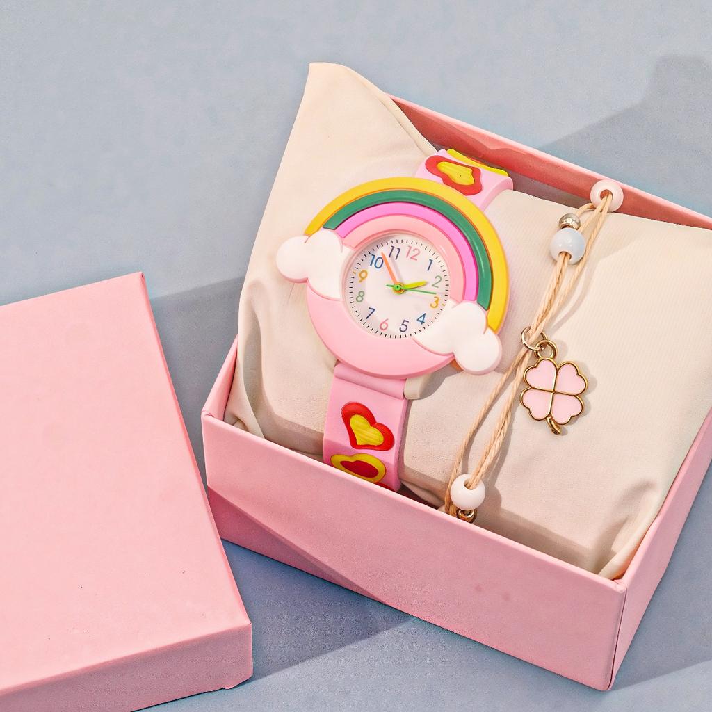 New Versatile Cute Rainbow Heart Simple Fashion Trend Silly Women's Silicone Watch Bracelet Two-piece Set Suitable for Students