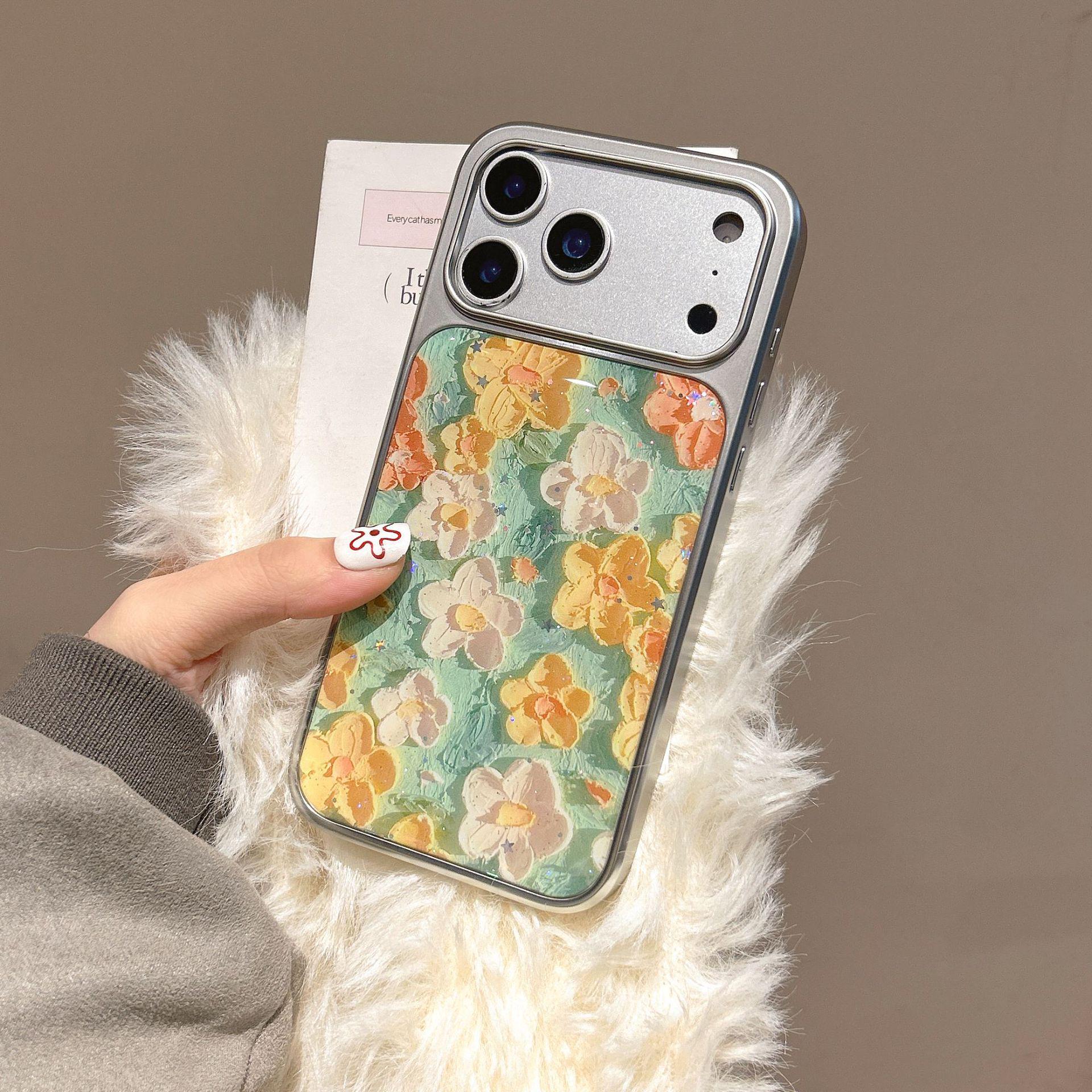 Green Floral Oil Painting Electroplated Silver Phone Case for iPhone 17/16 Pro Max/15/14 13