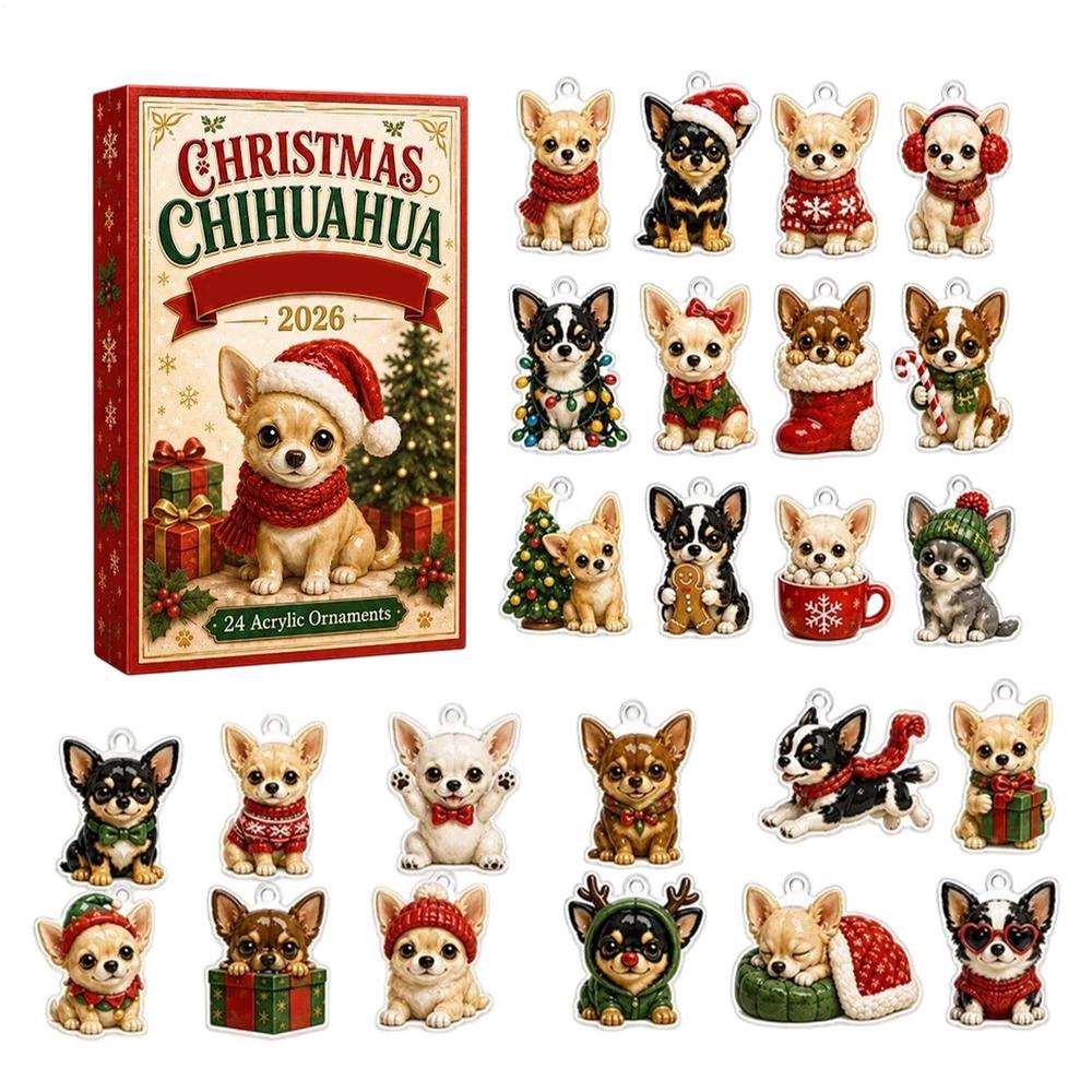 Calendario dell'Avvento di Natale 2026 Conto alla rovescia di Natale 24 Giorni Ciondolo Design Chihuahua in Acrilico Scatola Regalo Sorpresa Decorazione