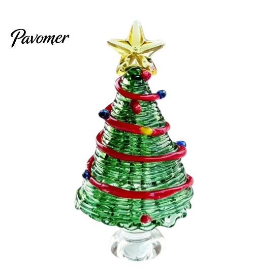 Glass Figurine for Office Glazed Christmas Tree with Star Moon Decor, Rotating Holiday Display Prop Wire Wrapped Desk Mini Tabletop Ornament,