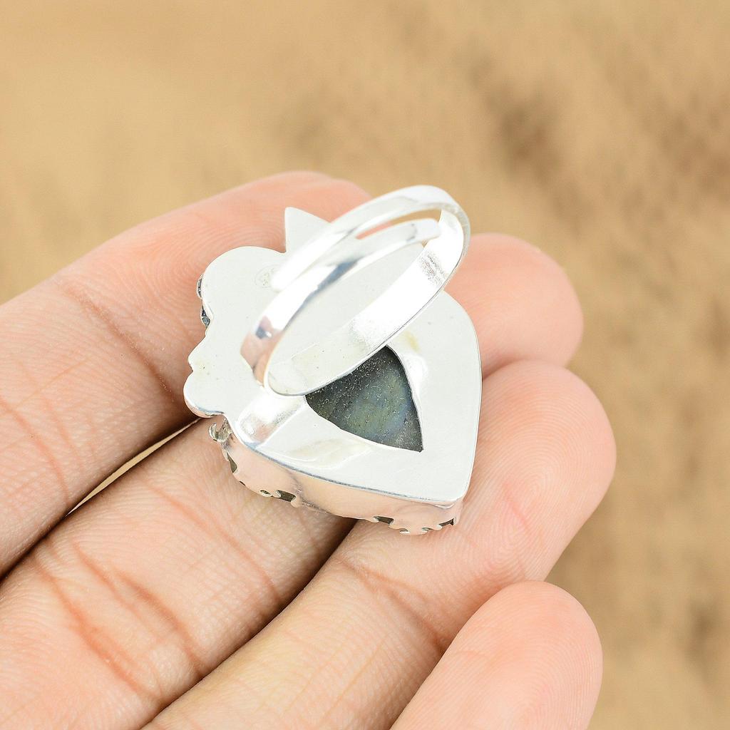 Mothers day Sale Natural Labradorite Rough Flower Promise Ring Sterling Silver