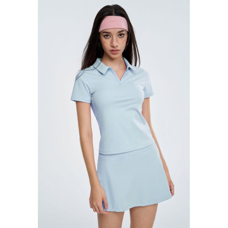 Womens Quick-Dry Polo-Neck Short Sleeve Top Tennis Skirt Set Yoga Fitness Workout
