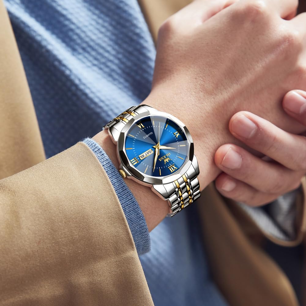 OLEVS Men's Watch Stainless Steel Band Date Display Chronograph 40mm Business Formal Waterproof 10 ATM Gold blue white