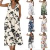 Women Sleeveless V Neck Dress with Pockets Split Hem Floral Print Linen Blend Casual Summer Midi Dress