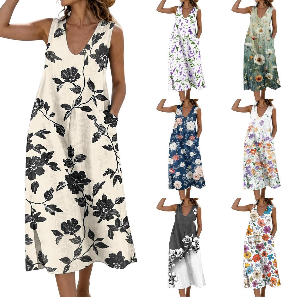 Women Sleeveless V Neck Dress with Pockets Split Hem Floral Print Linen Blend Casual Summer Midi Dress