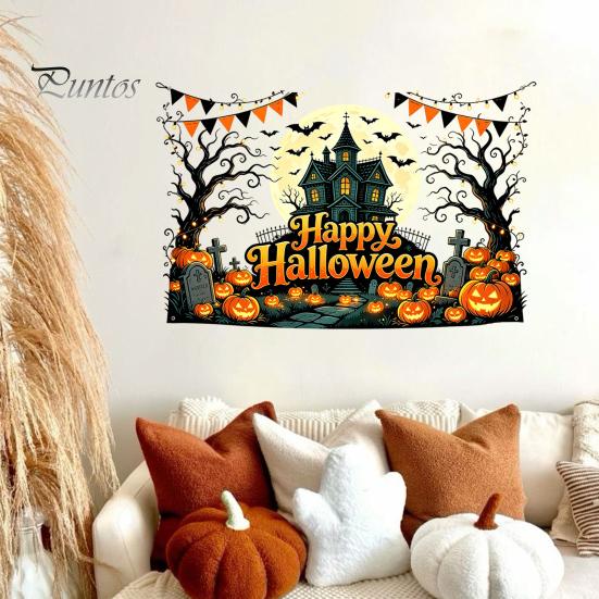 Easy Apply Halloween Decals Happy Wall Stickers, Moonlit Castle Pumpkin Clings, Waterproof Retro Stickers Haunted House for Home Living Room
