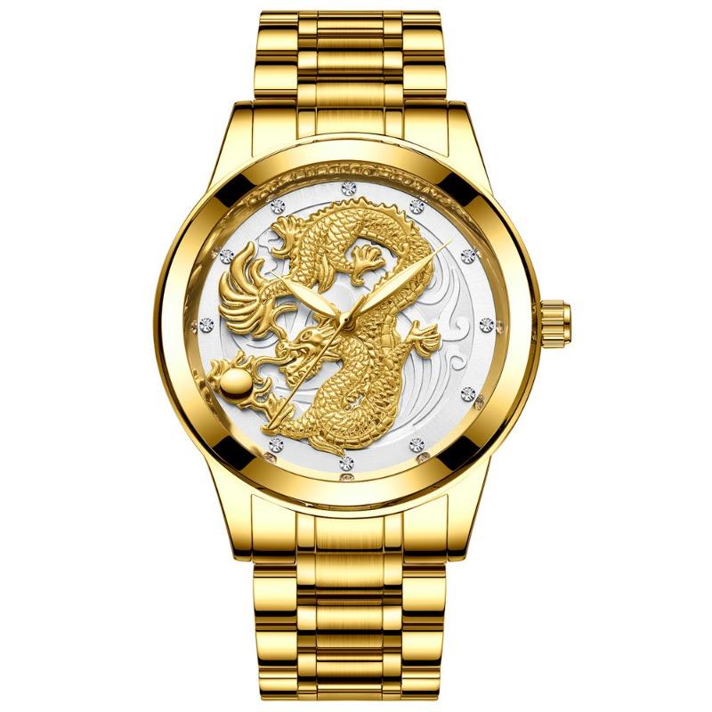 Top Brand Watch Men's Non-mechanical Watch Waterproof Luminous Gold Color Quartz Ultra-thin Steel Strap Dragon and Phoenix Couple Watch