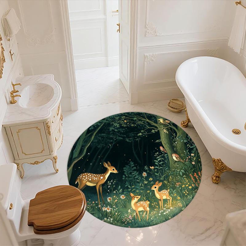 Forest Deer,Round Area Rug,Carpet Rug for Living Room Bedroom Sofa Playroom Decor,Non-slip Floor Mat