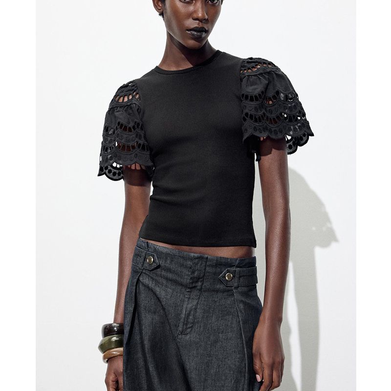 Spring and Summer New Women's Clothing Cotton Silm Straight-leg Cut Out Embroider Sleeves Crew Neck T-shirt Top 1058159