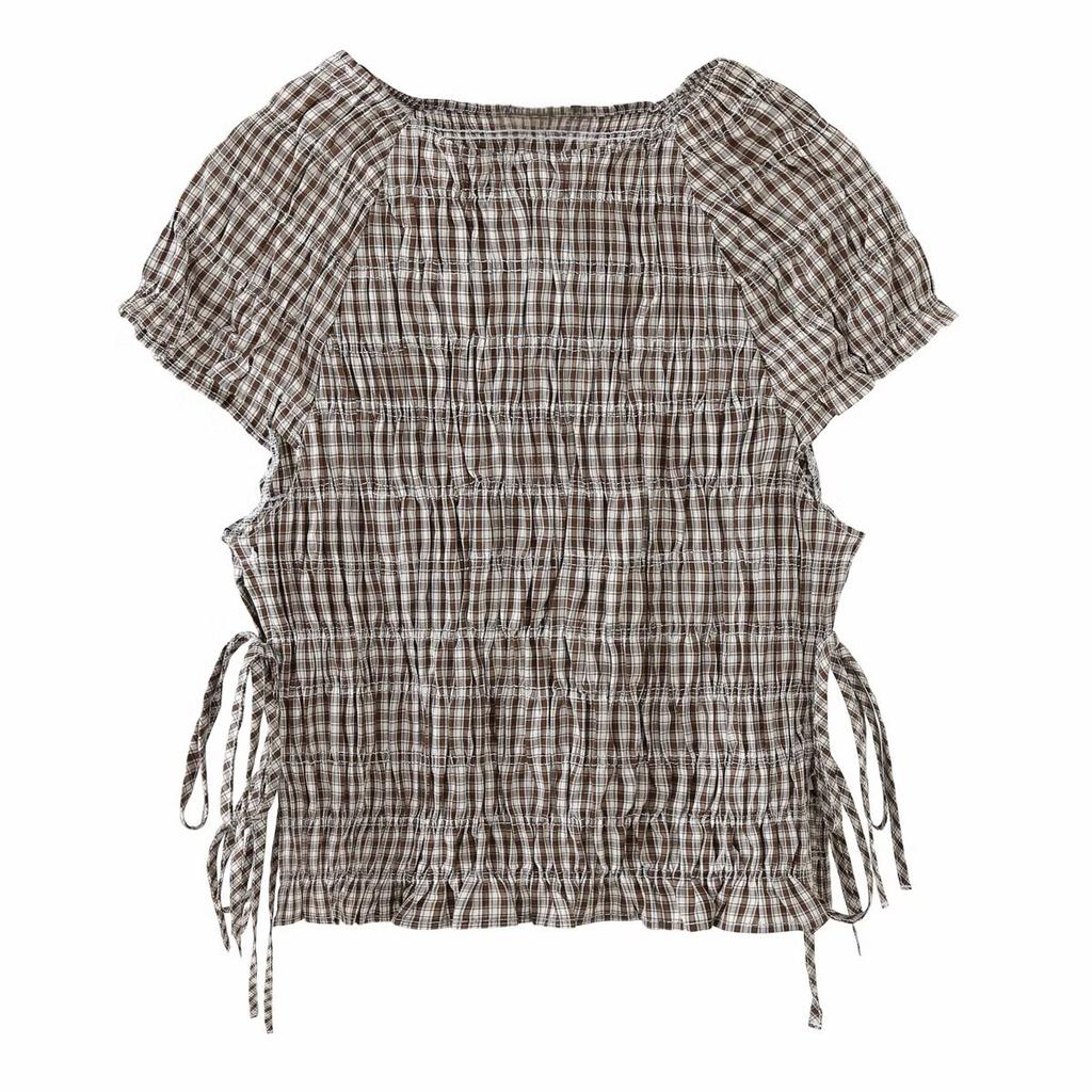 European and American style, new women's clothing, foreign style fashion bubble sleeves, pleated plaid poplin top