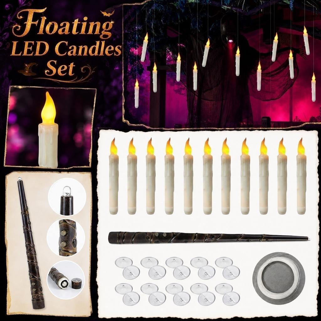 12pc Floating Candle Set with Magic Wand for Hanging Decoration Battery Operated Flameless LED Candles with Suction Cups for Indoor Use