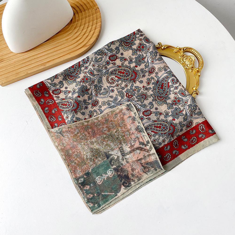 Retro Flower Silk Scarf Autumn and Winter Temperament Elegant Scarf Herringbone Silk Scarf Double-sided Literary Square Scarf Cotton and Linen Square